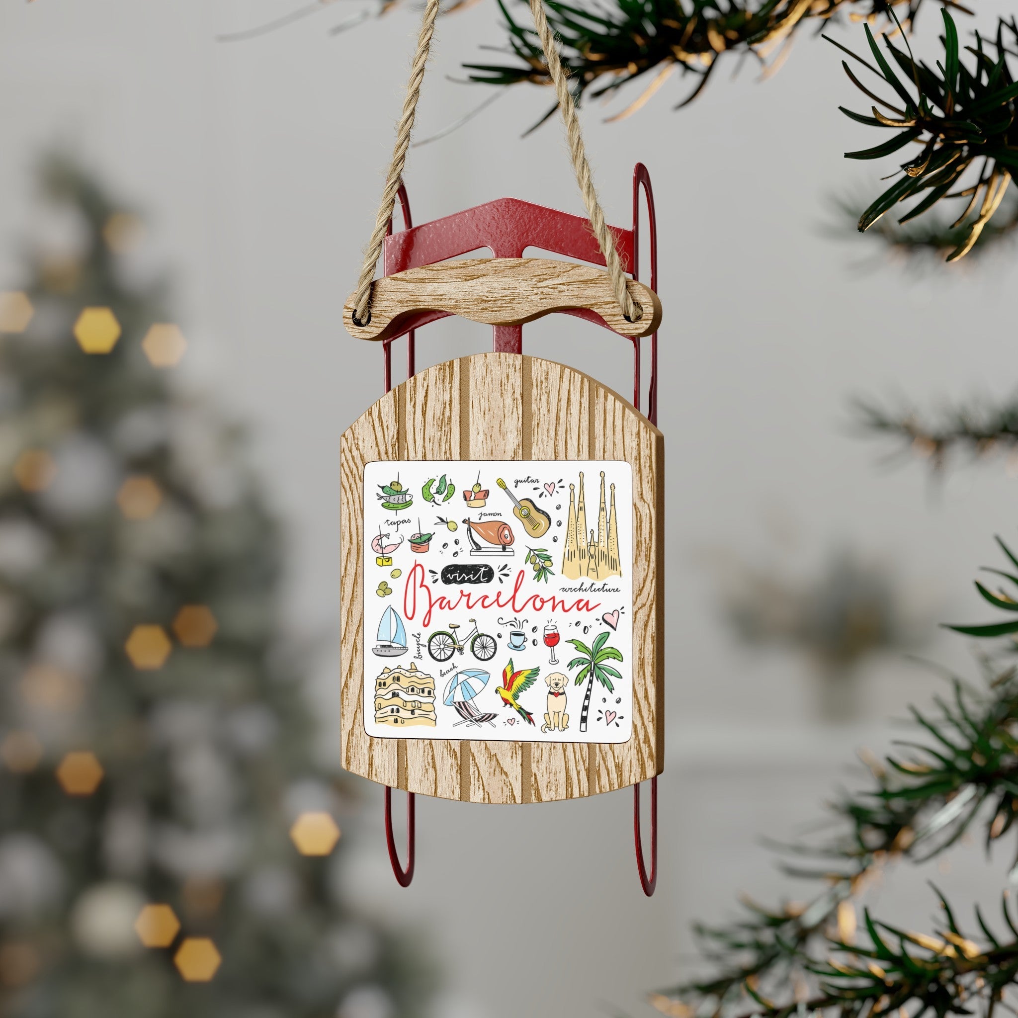 Barcelona Mini Sled Ornament: Travel-Inspired Holiday Souvenir - Ezra's Clothing - Christmas Ornament