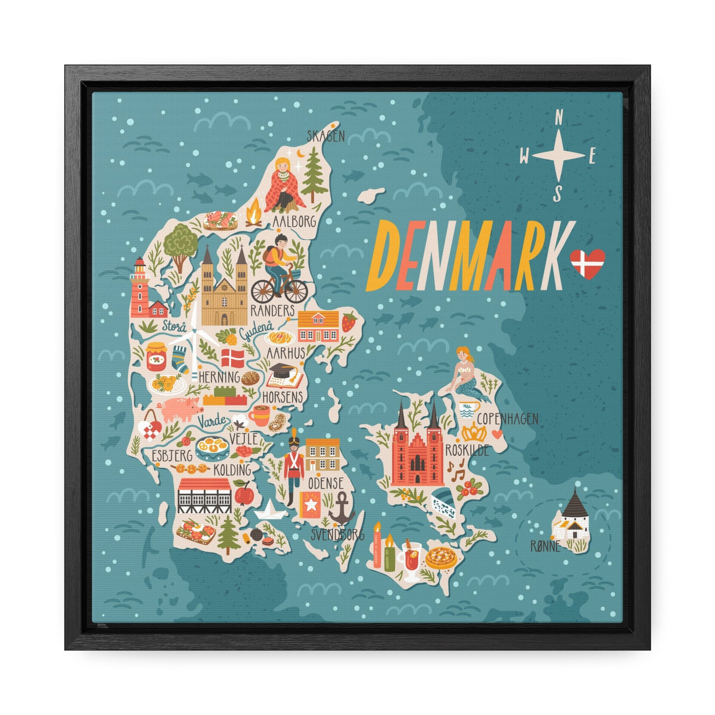 Denmark Stylized Map Framed Canvas - Ezra's Clothing