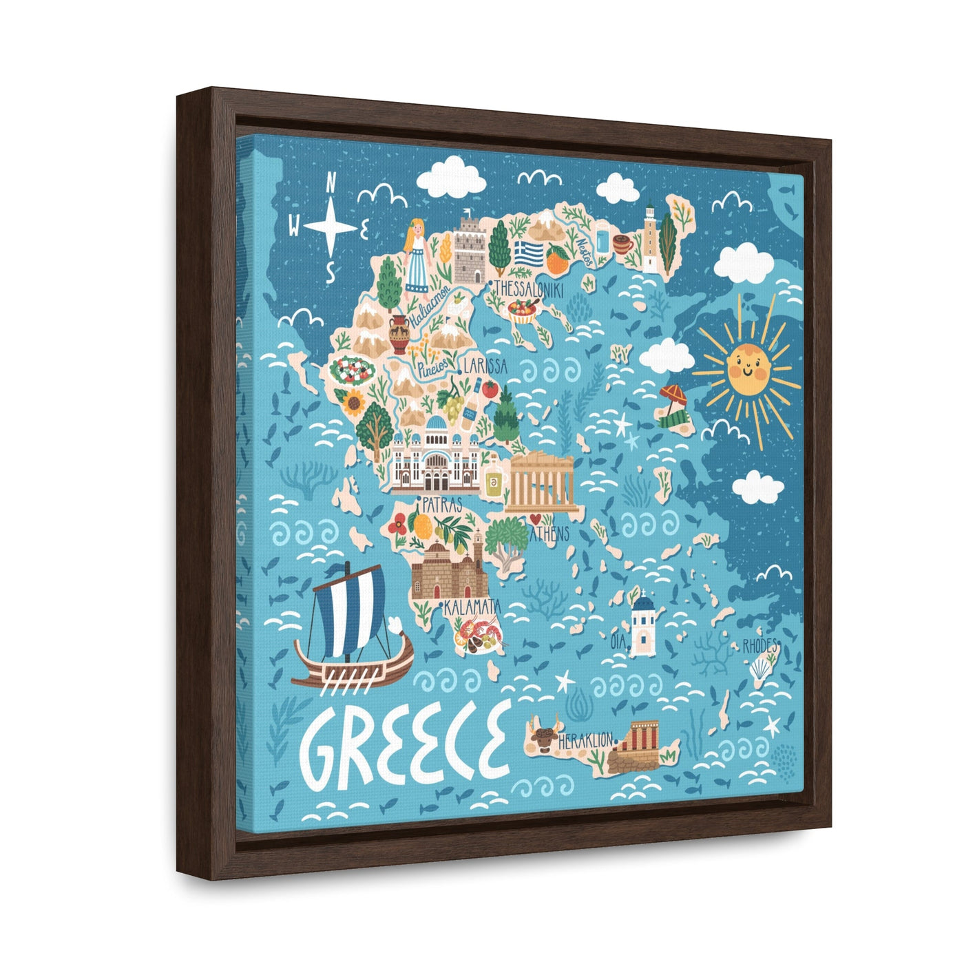 Greece Stylized Map Framed Canvas - Ezra's Clothing