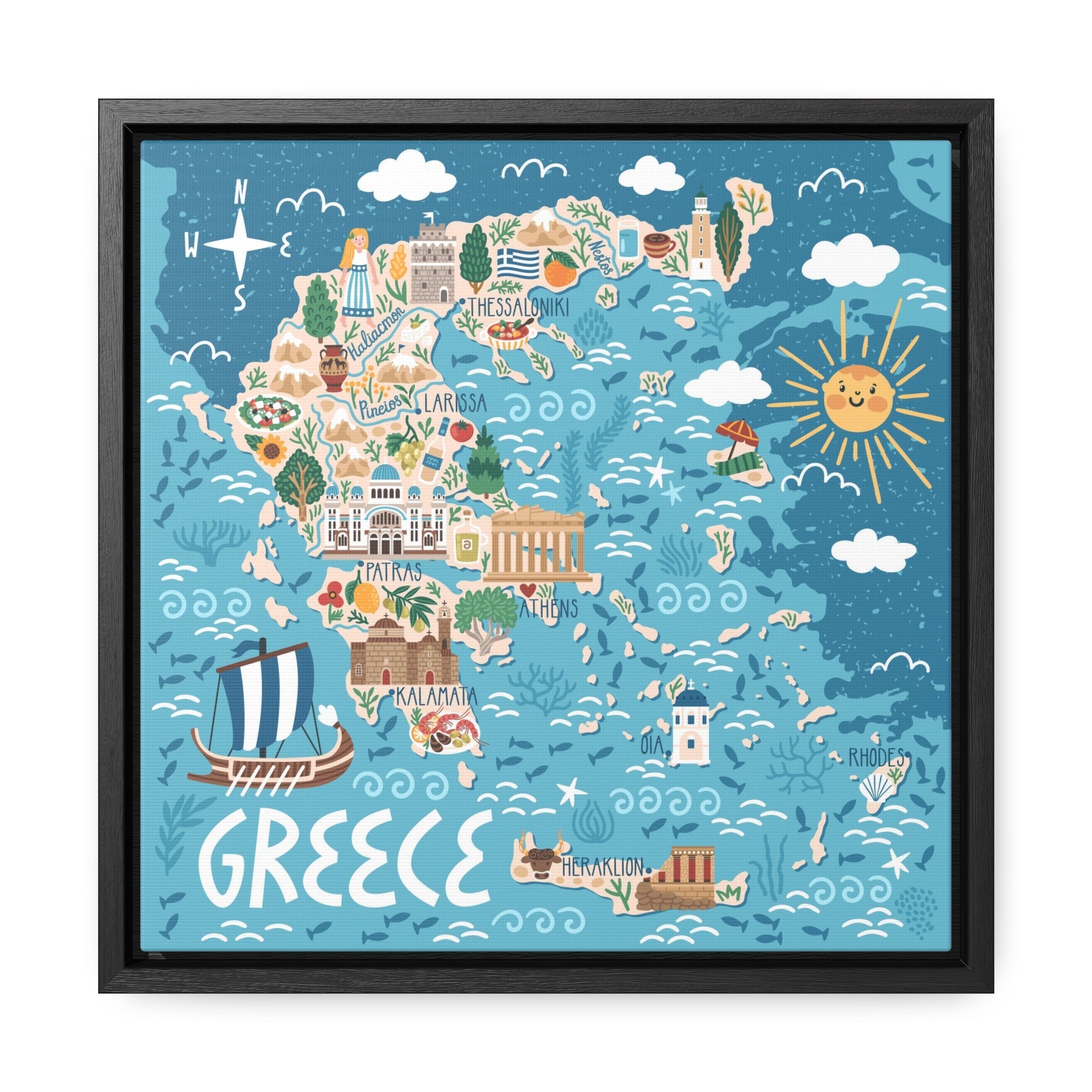 Greece Stylized Map Framed Canvas - Ezra's Clothing - Canvas