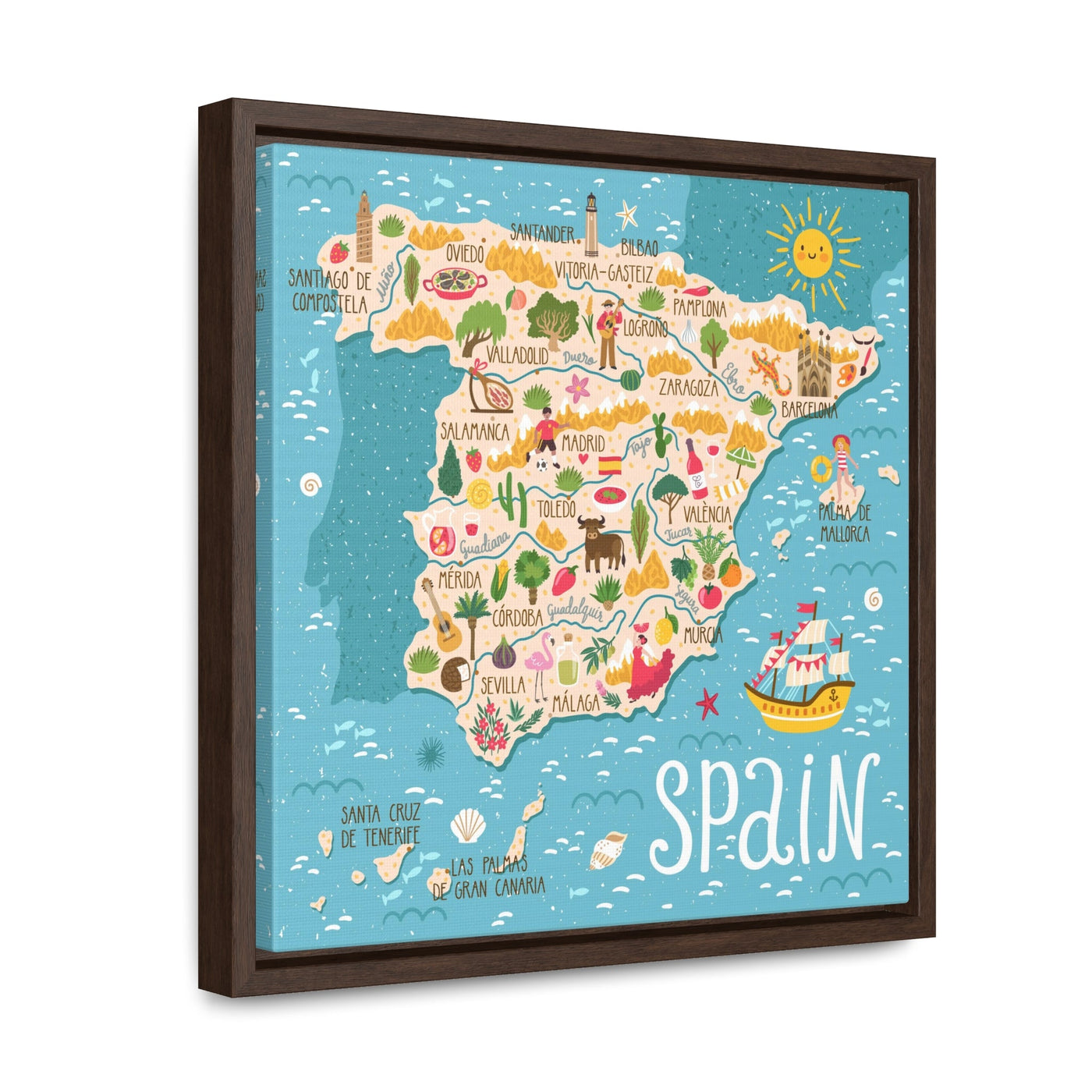 Spain Stylized Map Framed Canvas - Ezra's Clothing