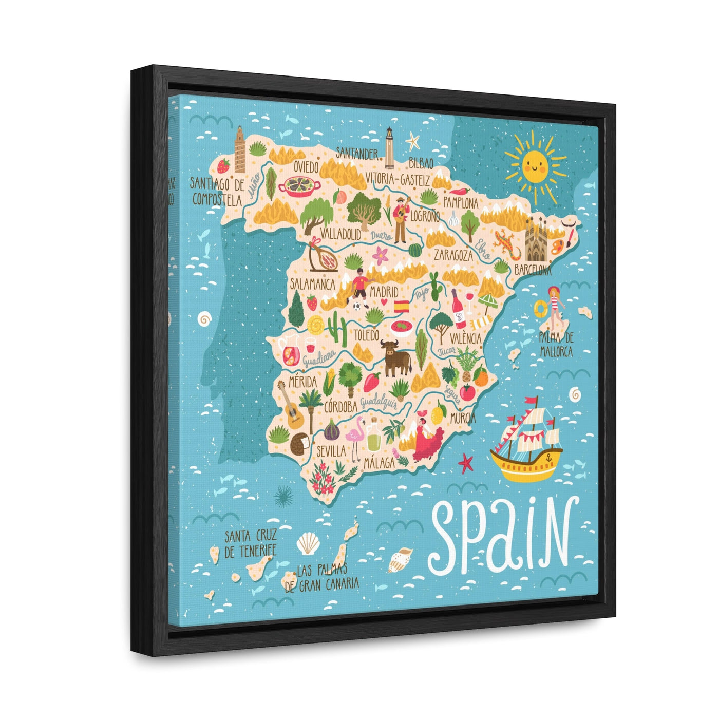 Spain Stylized Map Framed Canvas - Ezra's Clothing