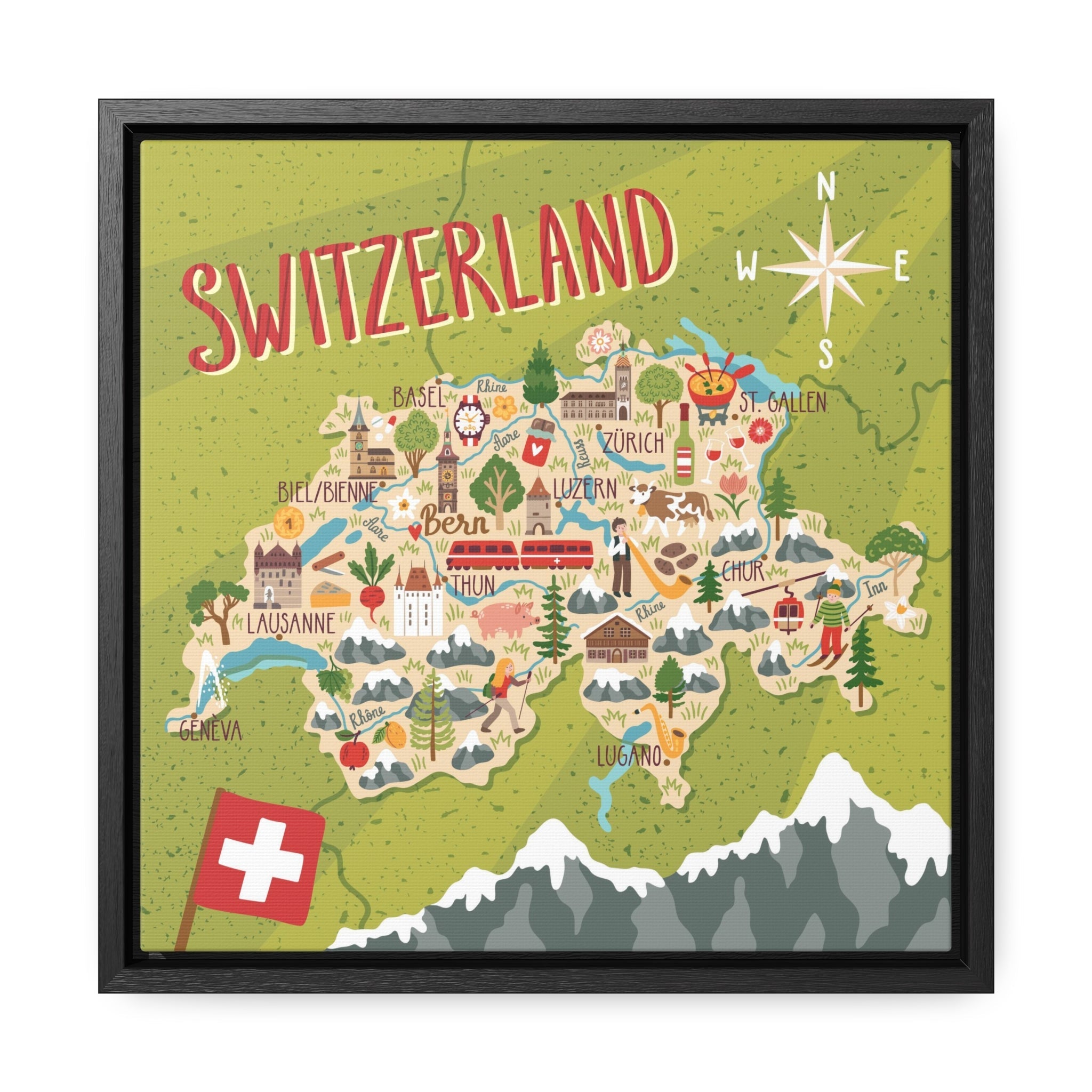 Switzerland Stylized Map Framed Canvas - Ezra's Clothing - Canvas