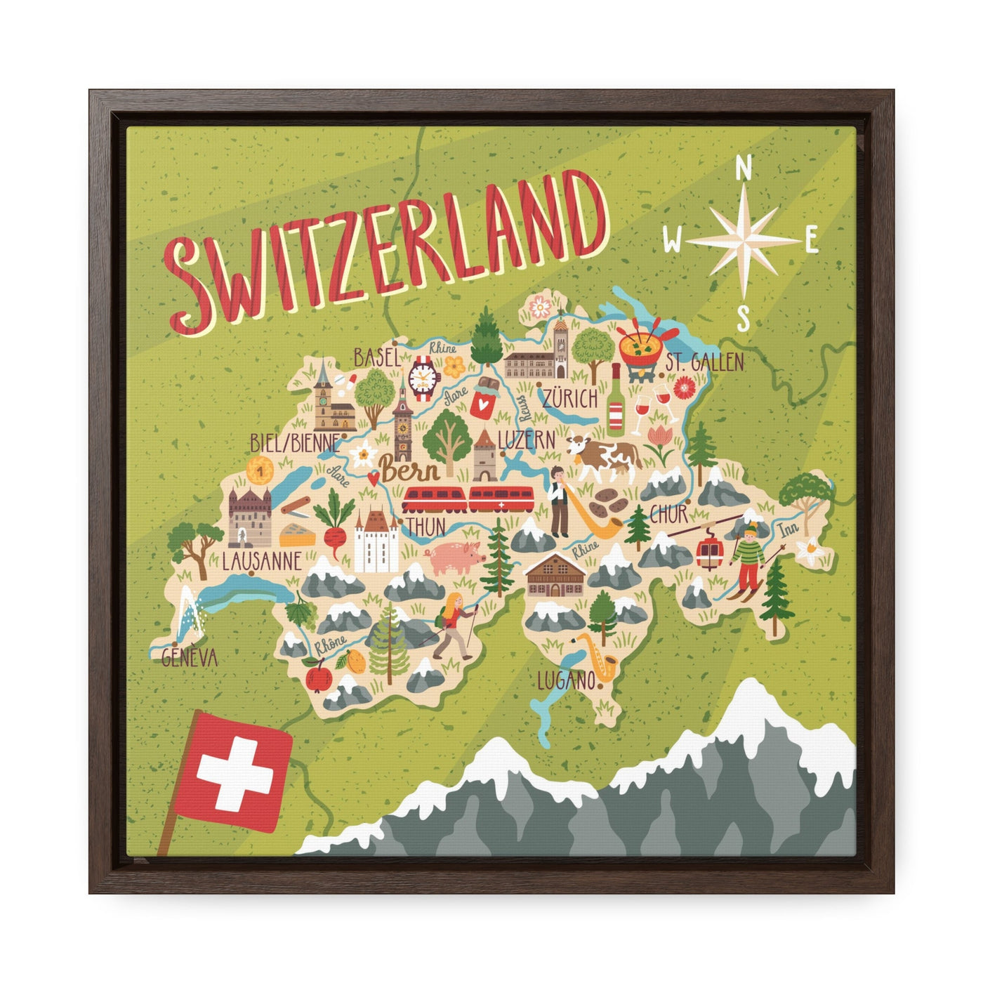 Switzerland Stylized Map Framed Canvas - Ezra's Clothing